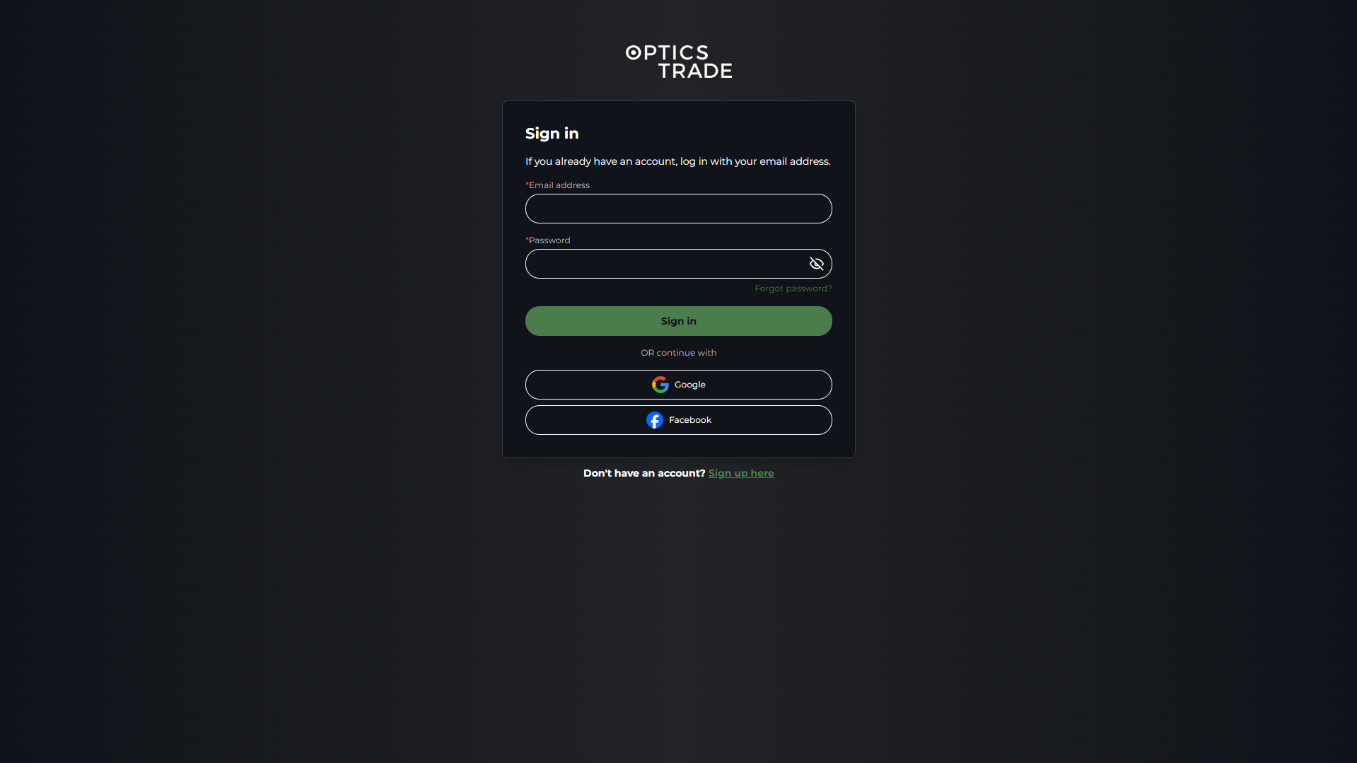 Log in or create an Optics Trade account