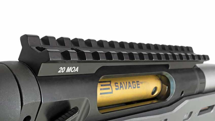 The receiver of Savage Model 110 Elite Precision with a visible mounting surface and the 20-MOA Picatinny rail mounted on it 